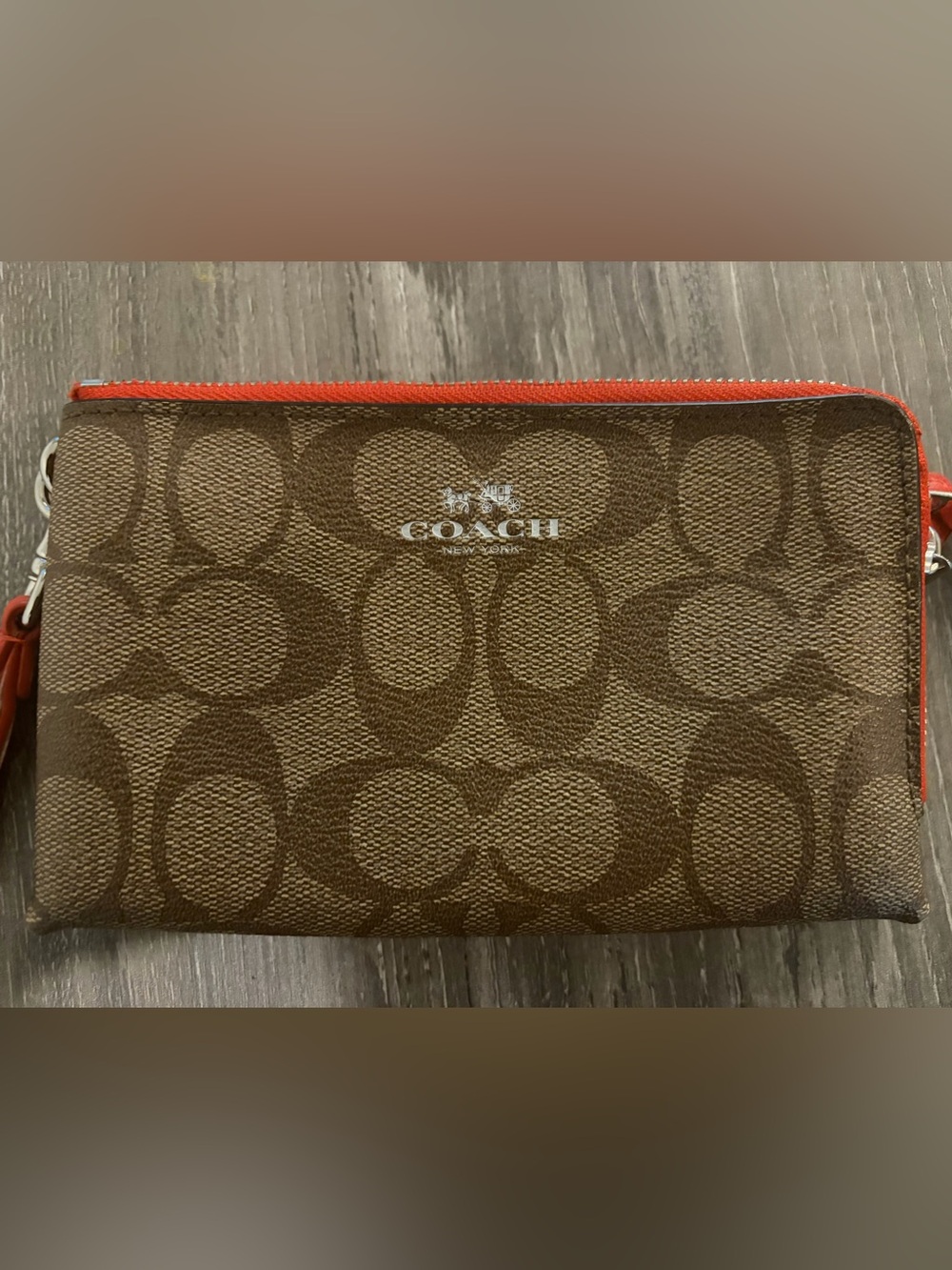 Coach Women’s Signature Double Zip Wristlet-Brown with Orange Trim